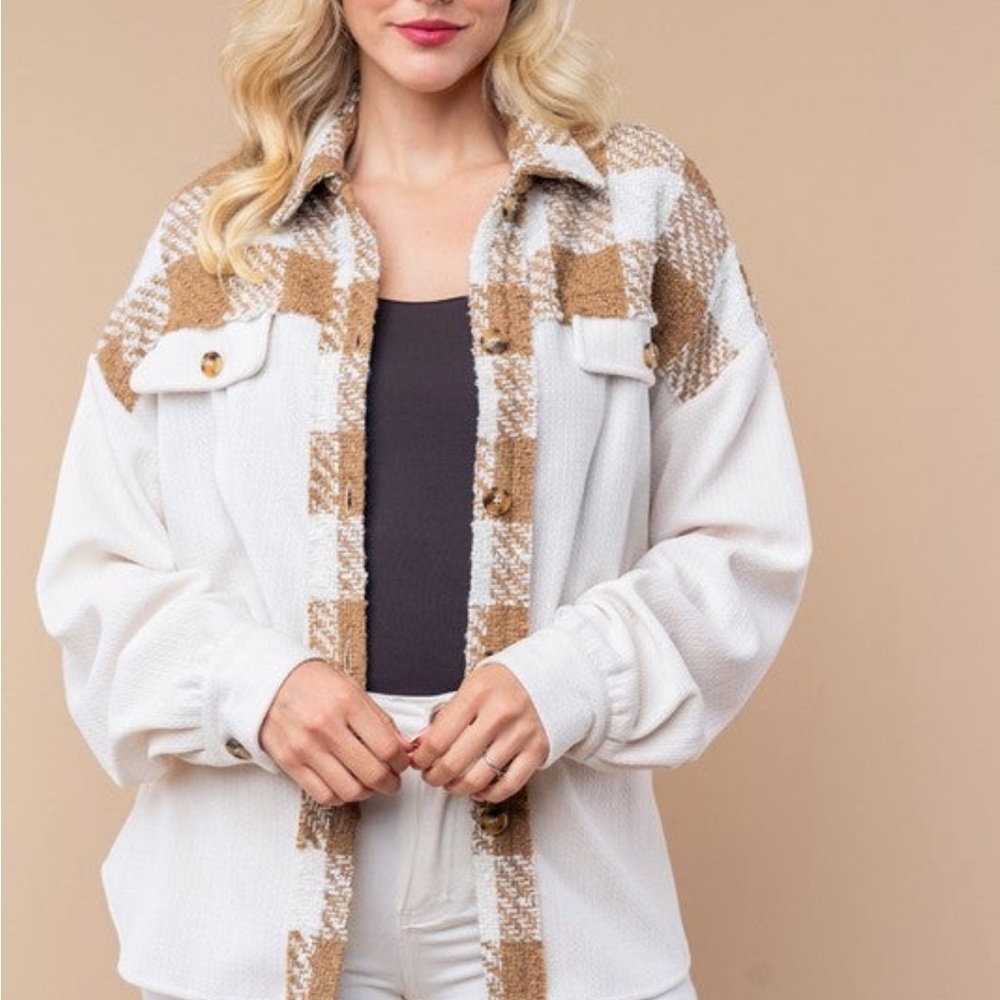 White Birch Cream and Tan Utility Jacket with Oversized Fit Size Medium NWT